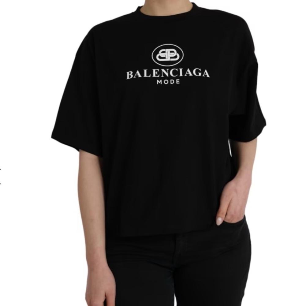 Women’s Balenciaga, Black Cotton Logo Crewneck Shirt, size M, BNWT